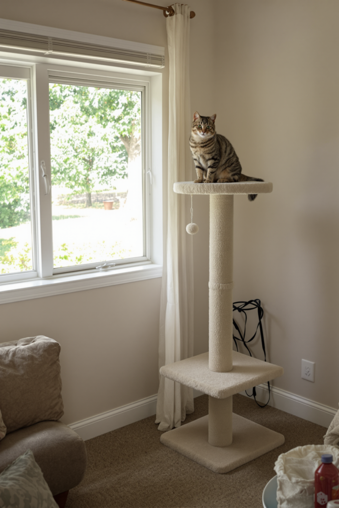 Tabby cat sitting on the middle platform of a carpeted cat tree by a living room window