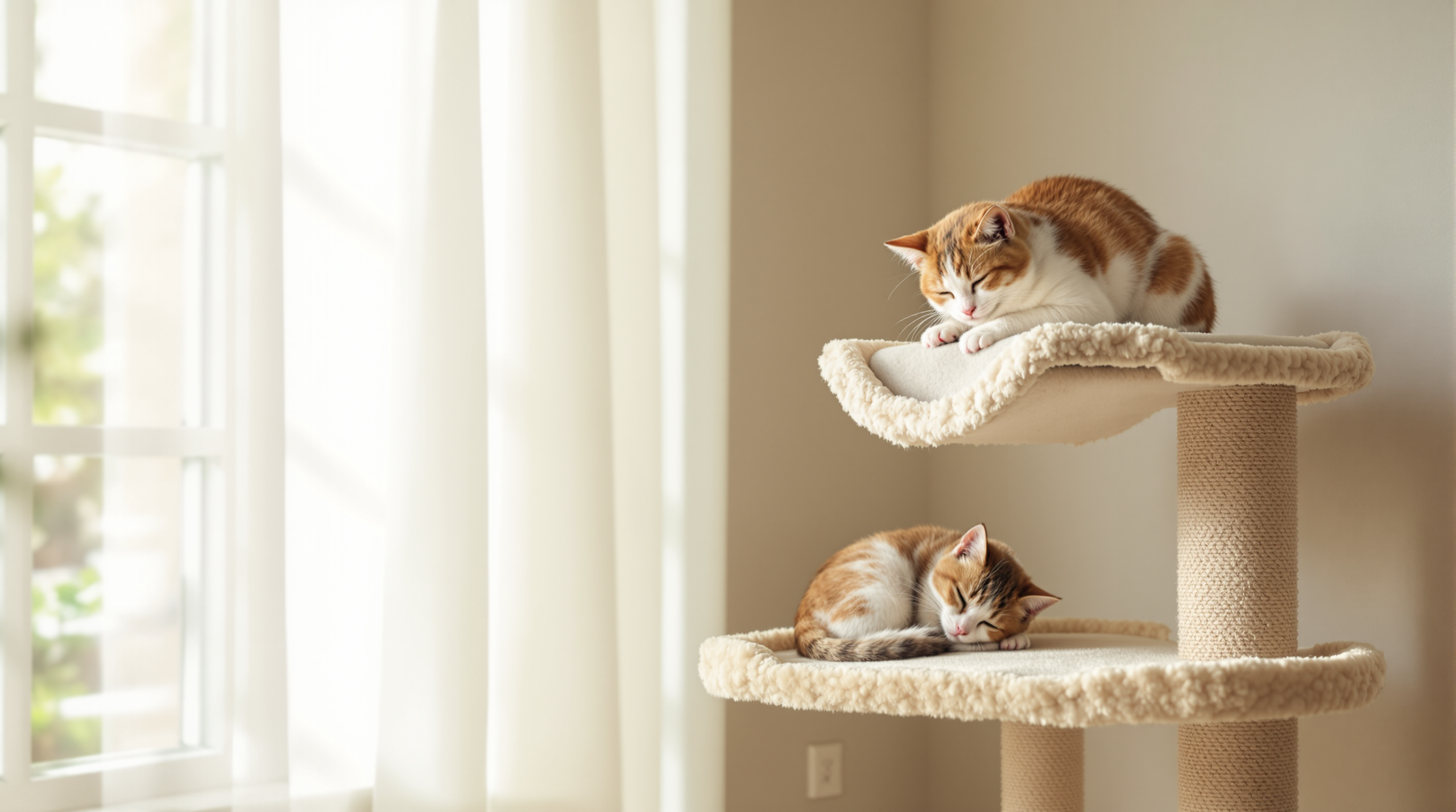 Two cats resting on separate levels of a multi-level cat tree with sisal posts