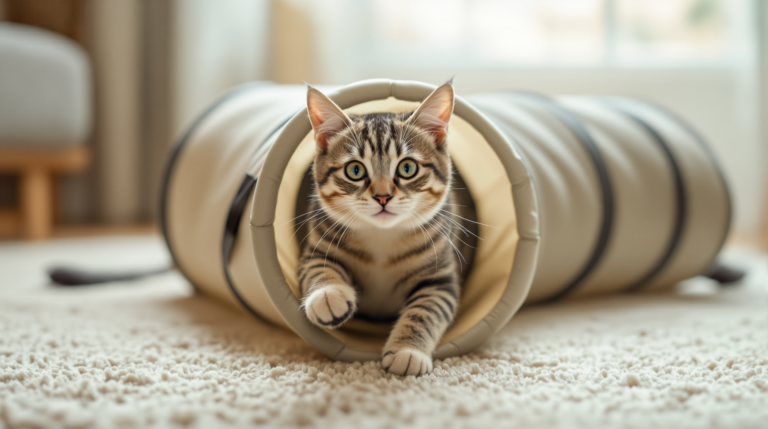 Cat emerging at speed from a collapsible fabric cat tunnel on a rug