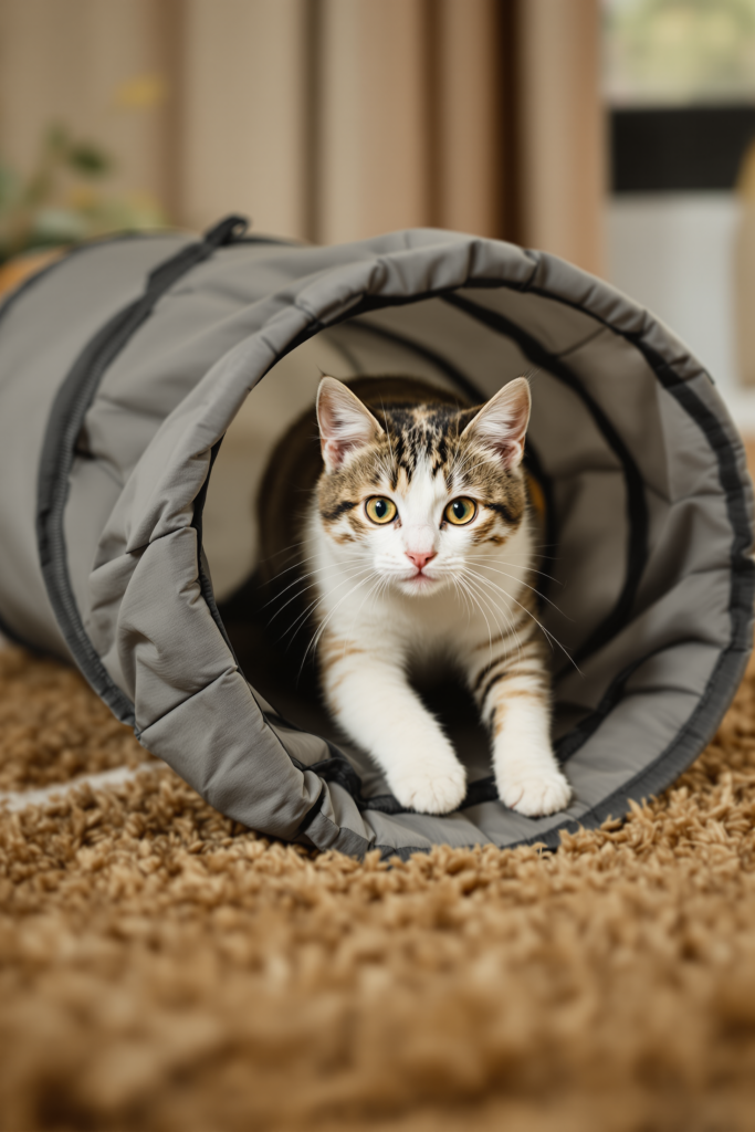 Cat bursting out of the open end of a collapsible fabric play tunnel on a wool rug, ears forward, mid-motion - cat tunnel