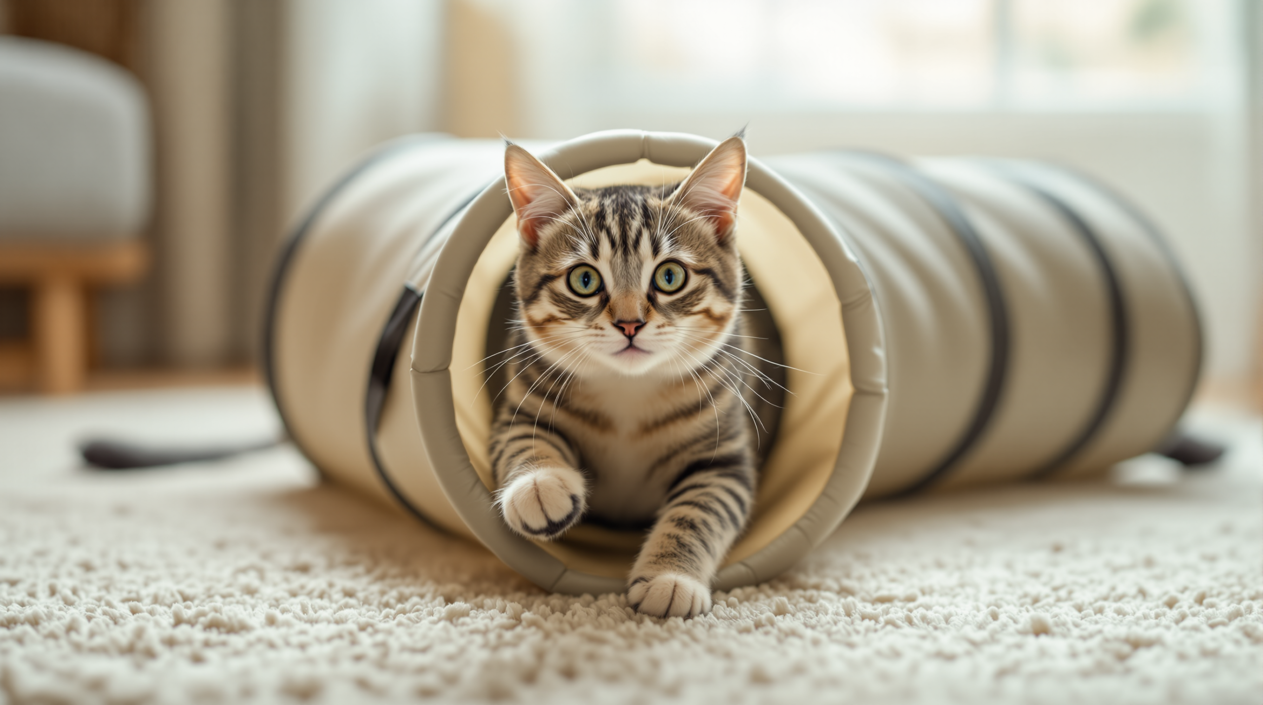 Cat emerging at speed from a collapsible fabric cat tunnel on a rug
