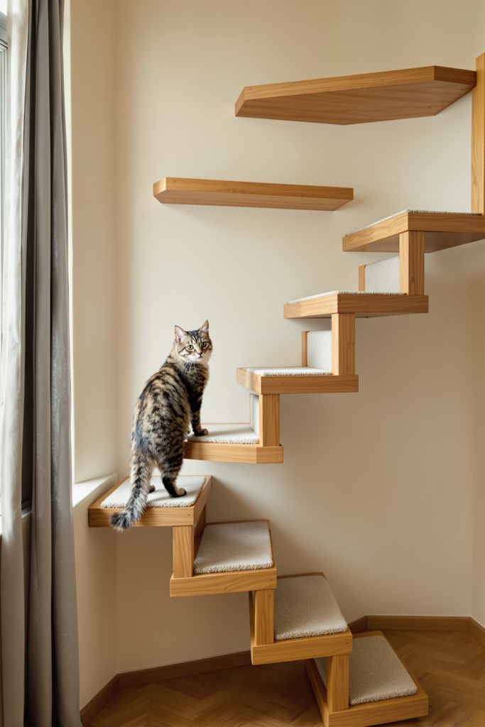 Cat Wall Shelves: Height, Spacing, and the No-Drill Alternative 3 Single tabby cat standing on one of a staircase of staggered floating wooden wall shelves with carpeted treads mounted on a - cat wall shelves