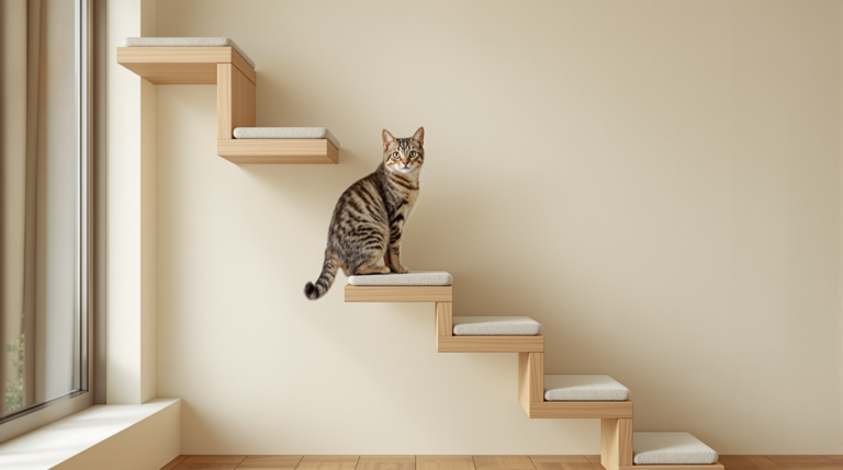 Cat standing on staggered floating cat wall shelves mounted on a pale wall