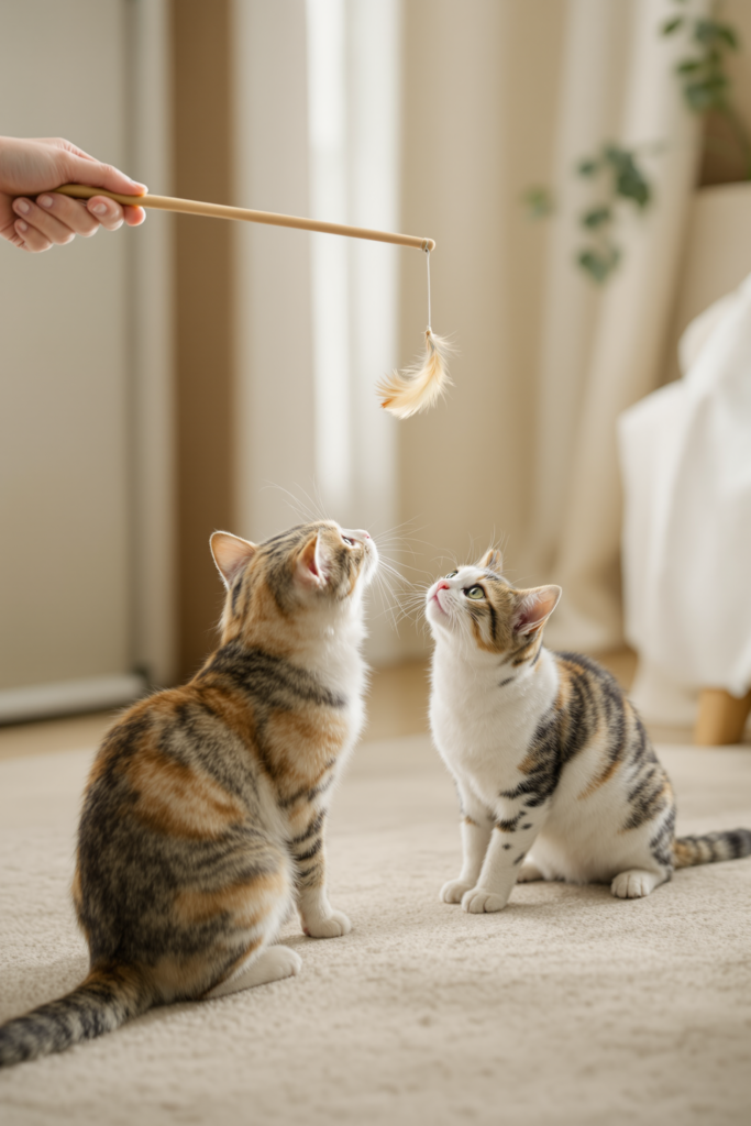 Cat crouched ready to pounce at the feather lure of a cat wand toy