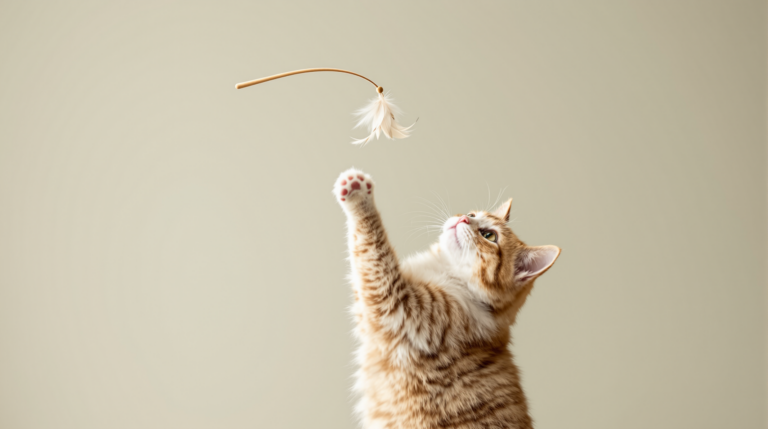 Cat leaping to catch the feathers of a cat wand toy