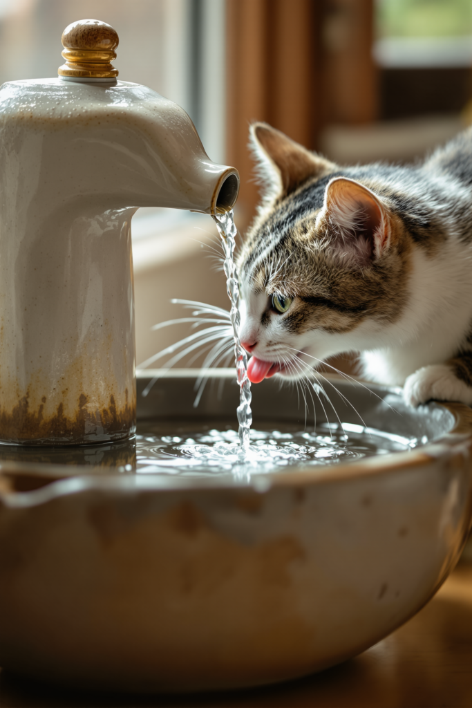 Cat Water Fountains: Why Cats Under-Drink and What Actually Helps 3 Cat drinking from the falling stream of a circulating ceramic water fountain, water catching light as it falls - cat water fountain