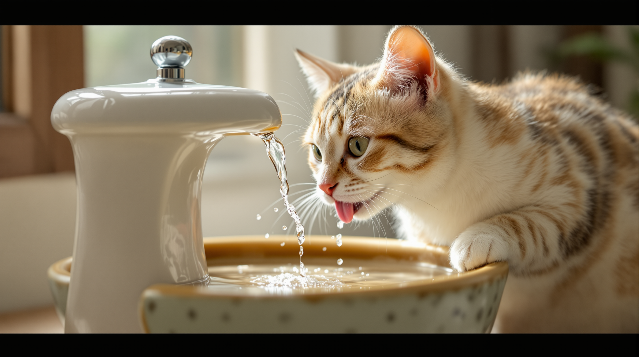 Cat Water Fountains: Why Cats Under-Drink and What Actually Helps 1 Cat drinking from the falling stream of a circulating cat water fountain