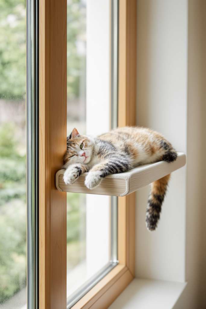 Cat Window Perch and Window Hammock: Mounting, Weight, Placement 3 Cat lying relaxed on a window-mounted cat perch shelf attached to the glass, all four paws on the perch - cat window perch