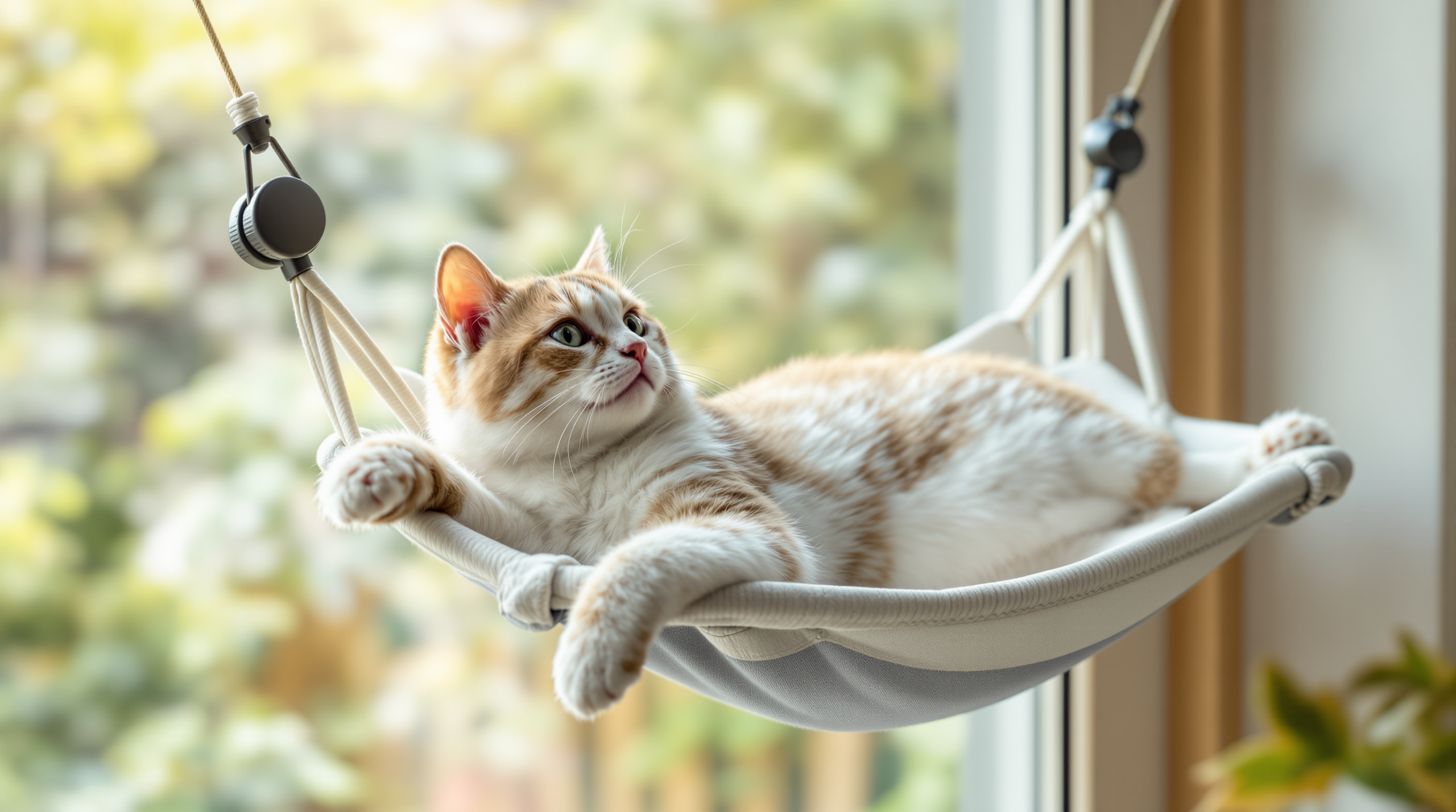 Cat Window Perch and Window Hammock: Mounting, Weight, Placement 1 Cat lying on a window-mounted cat window perch looking outside in daylight