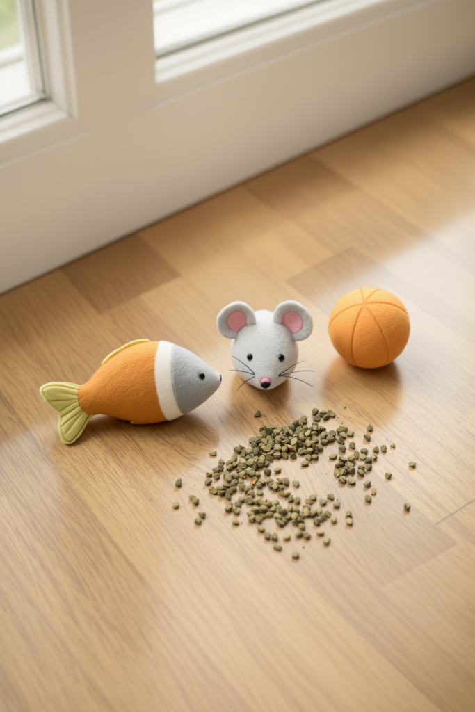 Three handmade felt catnip toys shaped like a fish, a mouse and a ball with dried catnip