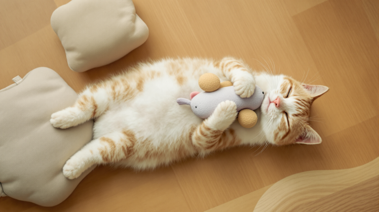 Cat rolling on its back with a fabric mouse from a set of catnip toys