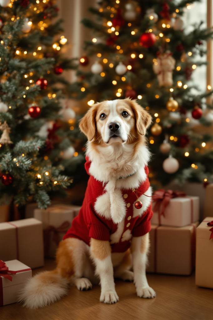 Dog in a soft red Christmas outfit sitting beside a decorated tree in warm festive light, relaxed posture - christmas dog costume