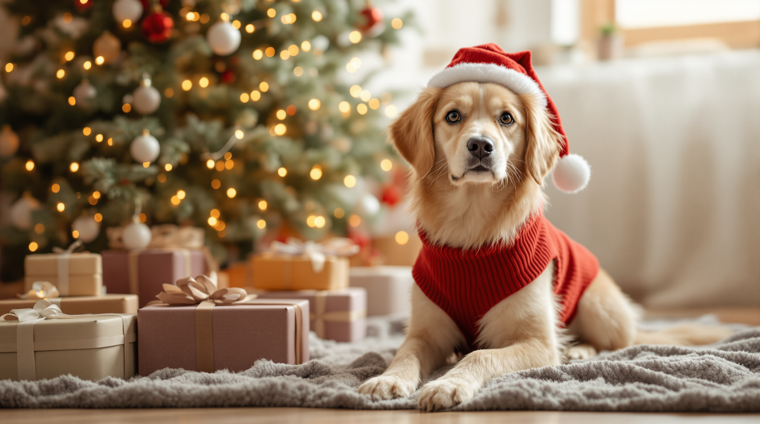 Dog in a red christmas dog costume sitting beside a decorated tree