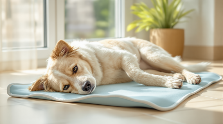 Dog lying flat on a gel cooling dog bed on a tiled floor in summer