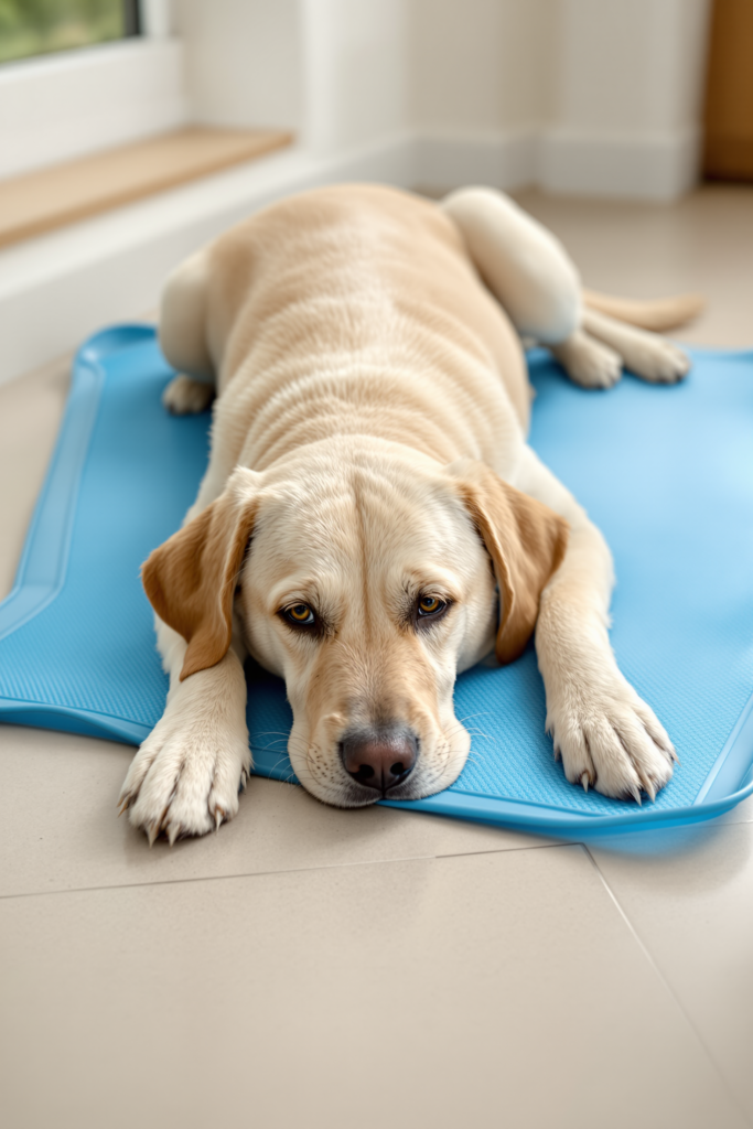 Adult Labrador lying on its belly on a flat blue gel cooling mat on a tiled floor, head resting on front paws - cooling dog bed