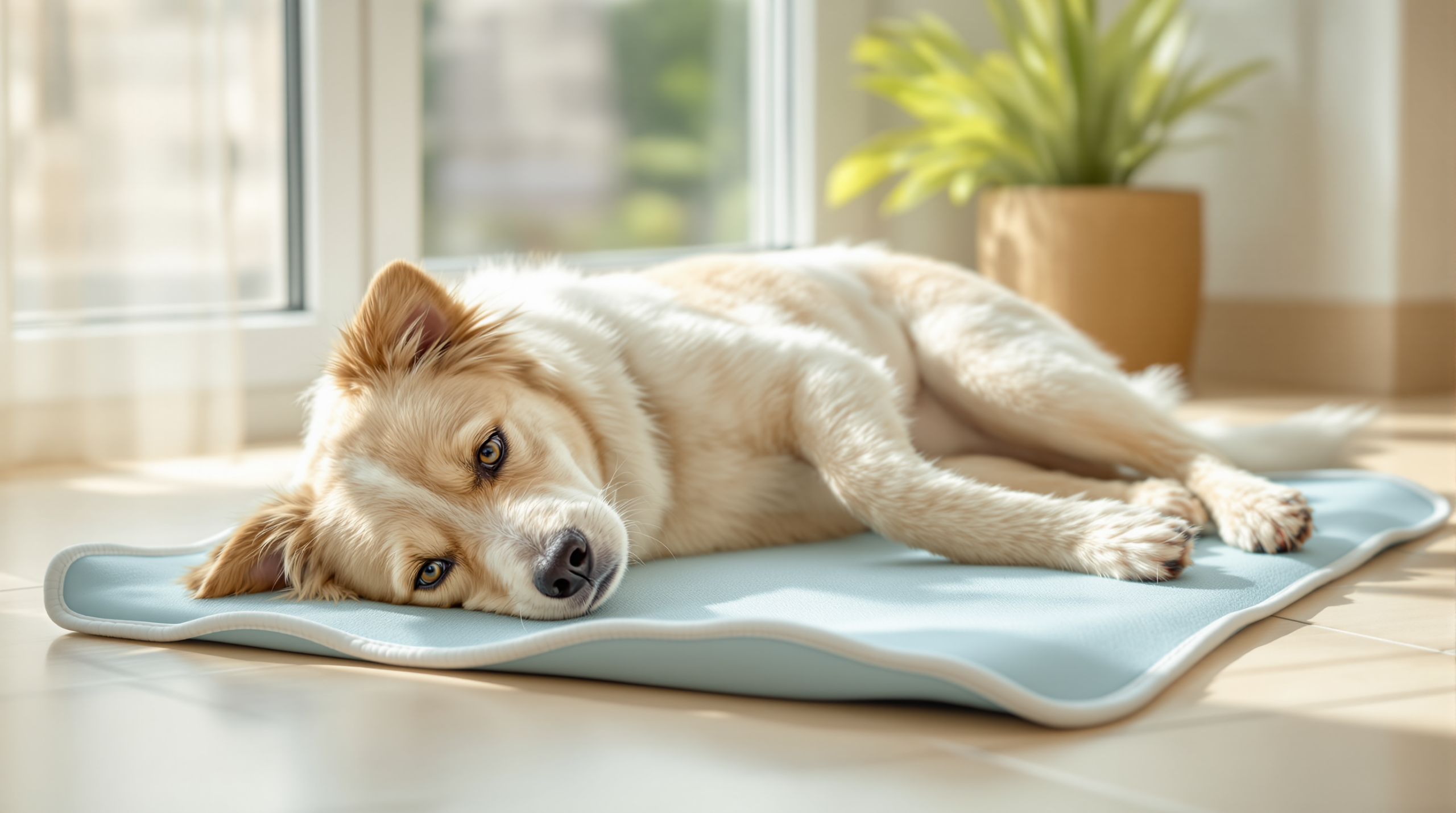 Dog lying flat on a gel cooling dog bed on a tiled floor in summer