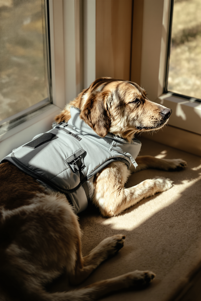 Dog wearing a damp evaporative cooling vest resting in shade on a hot bright day, vest fabric visibly wet - cooling vest for dogs