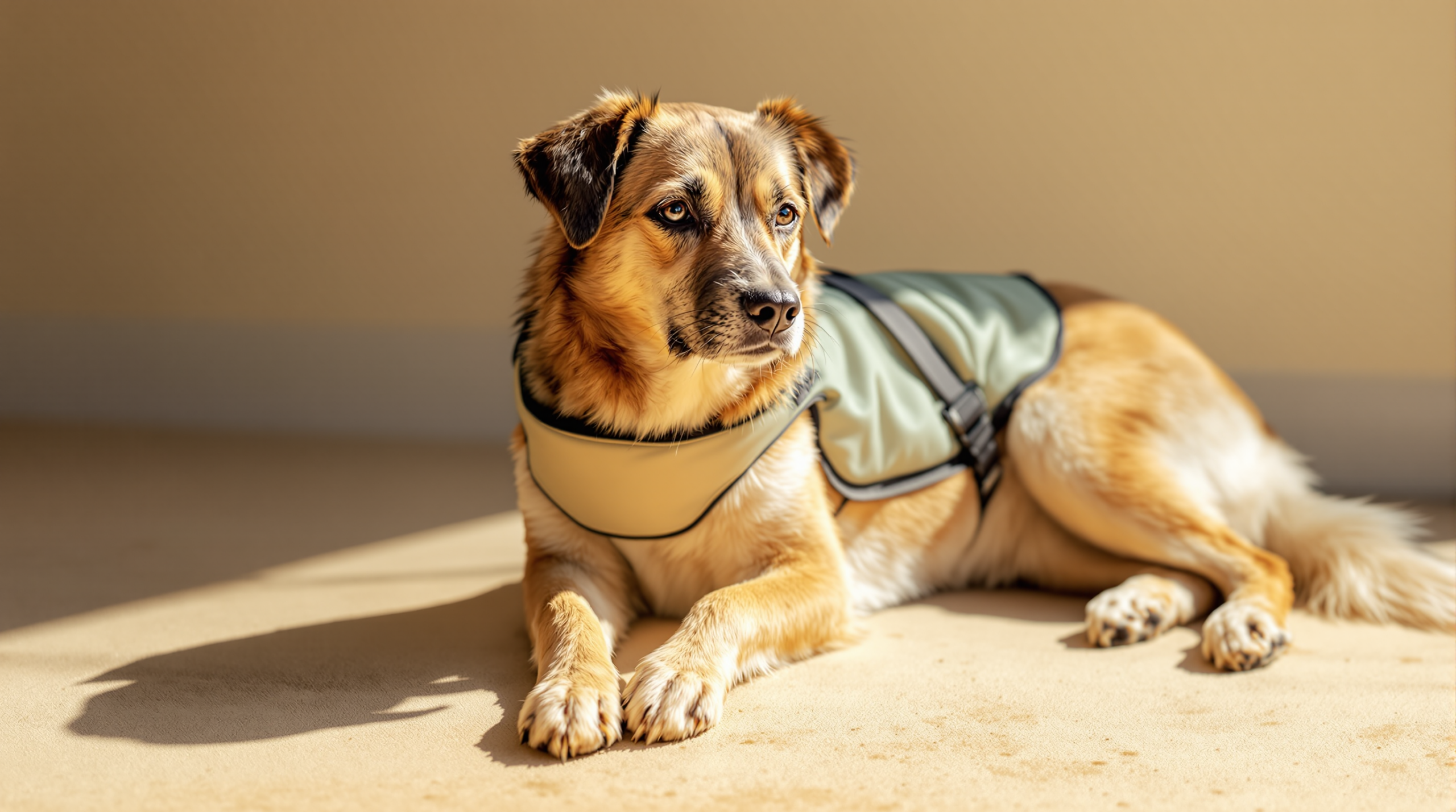 Dog resting in shade wearing a damp evaporative cooling vest for dogs