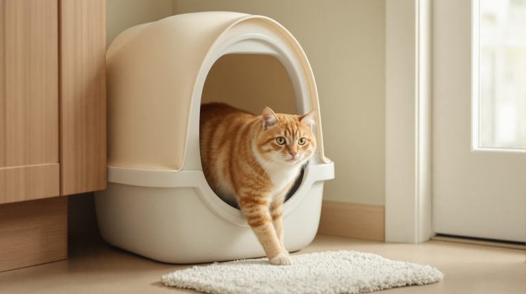 Cat entering a hooded covered litter box in a tidy bathroom corner