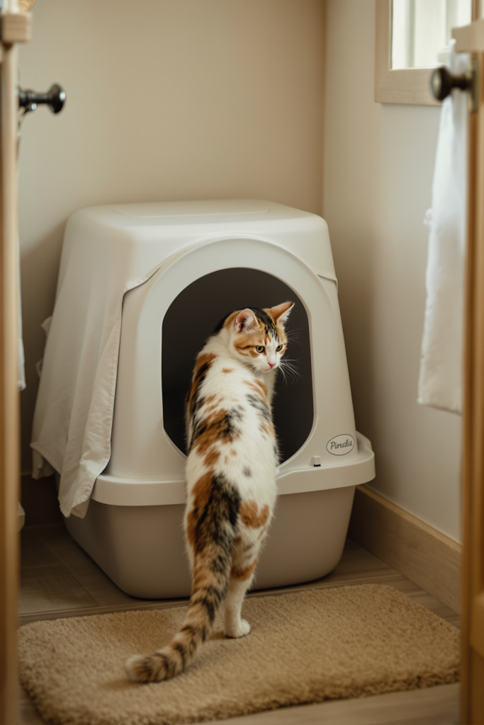 Covered Litter Box: When Cats Accept One and When They Refuse 3 Cat stepping in through the front opening of a hooded covered litter box placed in a tidy bathroom corner