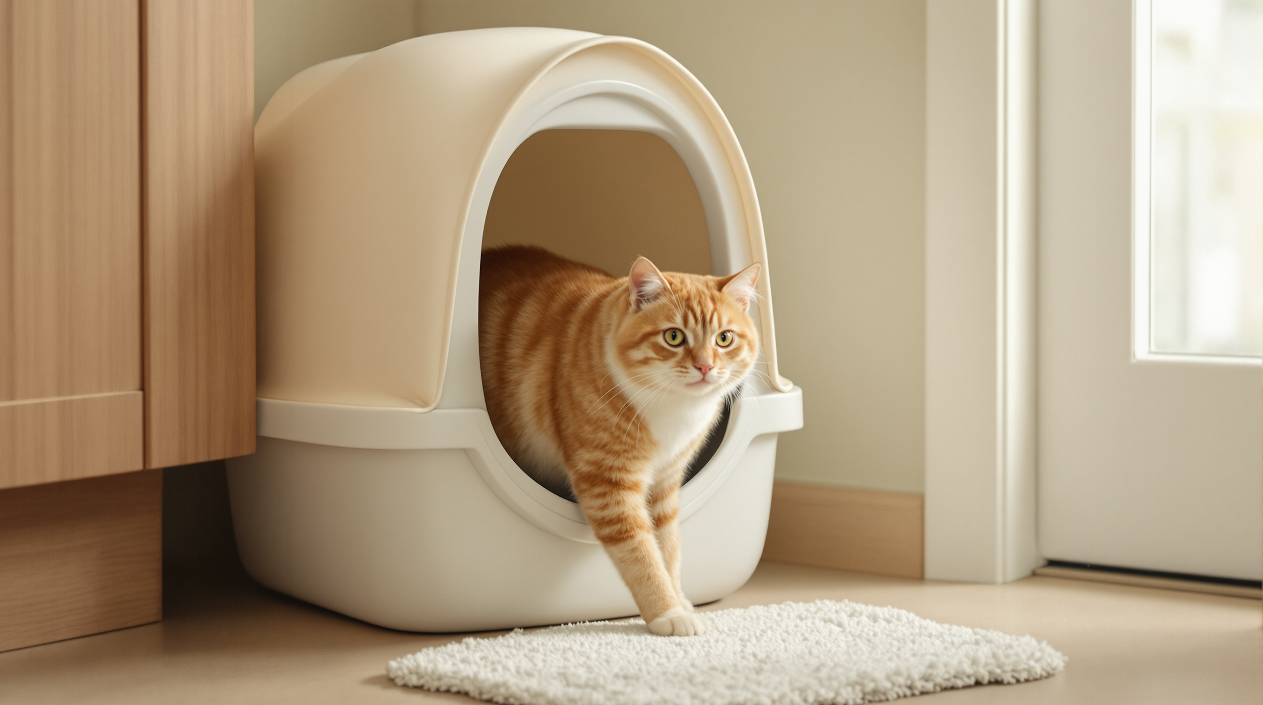 Covered Litter Box: When Cats Accept One and When They Refuse 1 Cat entering a hooded covered litter box in a tidy bathroom corner