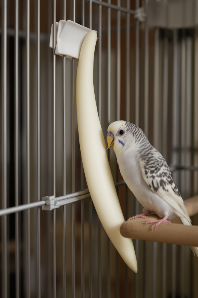 Cuttlebone for Birds: What It Provides and Why Seed Diets Need It 3 Long white oval cuttlebone clipped vertically to cage bars beside a wooden perch - cuttlebone for birds