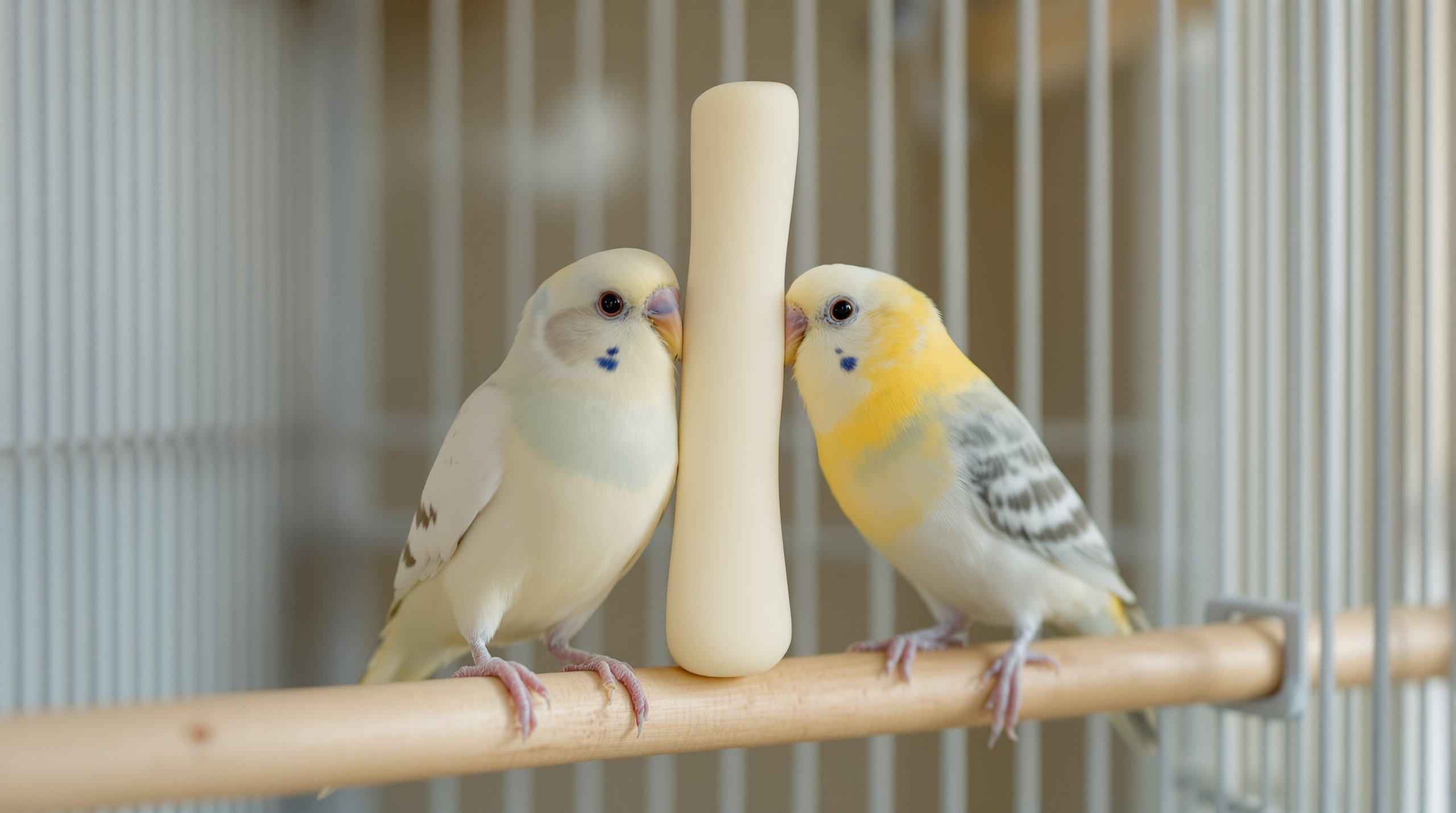 Cuttlebone for Birds: What It Provides and Why Seed Diets Need It 1 Budgie scraping its beak on a cuttlebone for birds clipped to the cage bars