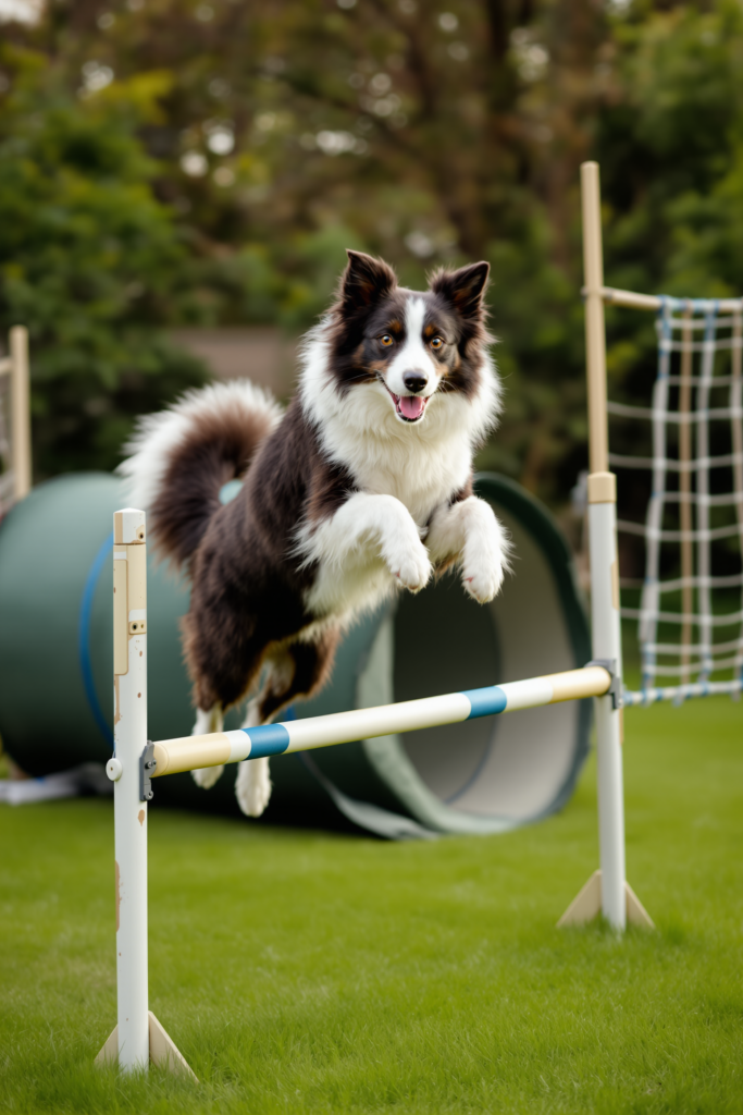 Dog Agility Equipment: Starting at Home Without Hurting Joints 3 Border collie fully airborne leaping high over a low agility bar jump on grass - dog agility equipment