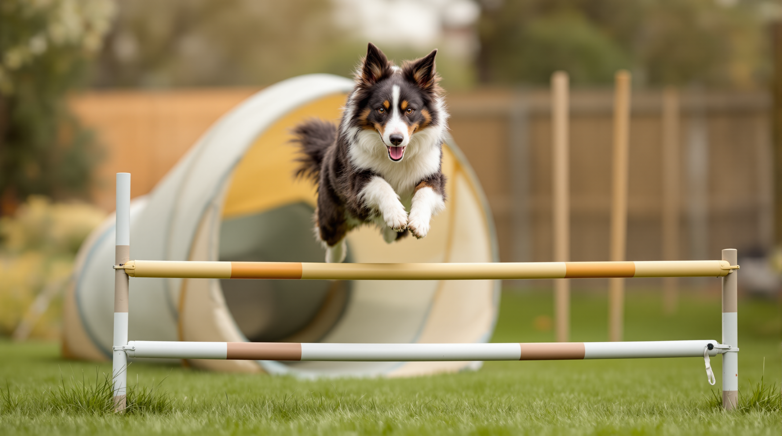 Dog Agility Equipment: Starting at Home Without Hurting Joints 1 Border collie clearing a low jump in a garden set of dog agility equipment