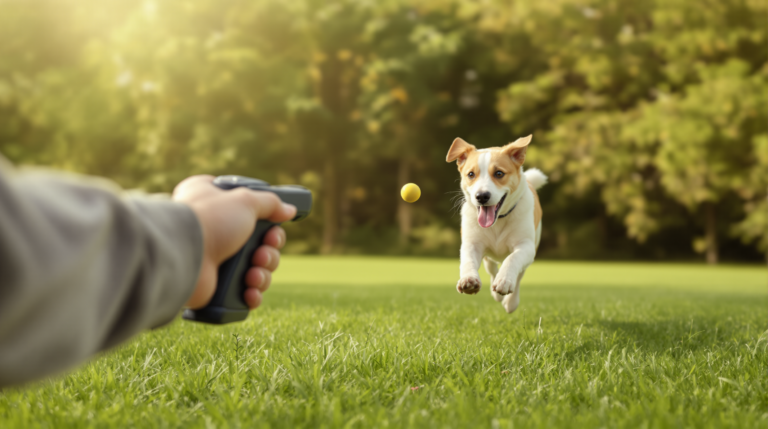 Handheld dog ball launcher mid-throw with a dog sprinting after the ball