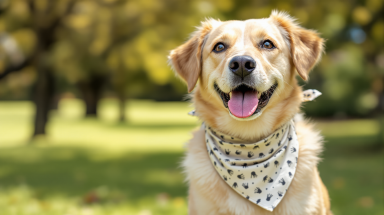 Happy dog outdoors wearing a printed cotton dog bandana at the neck