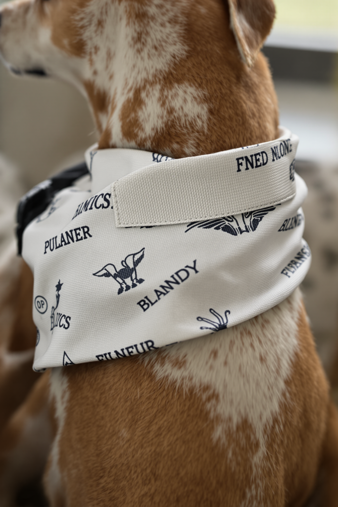 Dog Bandana Collar: The Slip-On Style and Why It Is Safer Than a Knot 3 Close-up of a slip-on bandana threaded onto a flat webbing collar - dog bandana collar