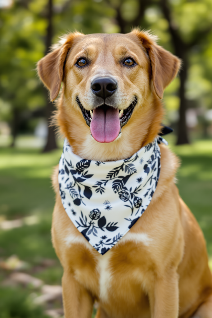 Happy medium dog outdoors wearing a printed cotton bandana sitting flat at the base of its neck, sunlit park background - dog bandana