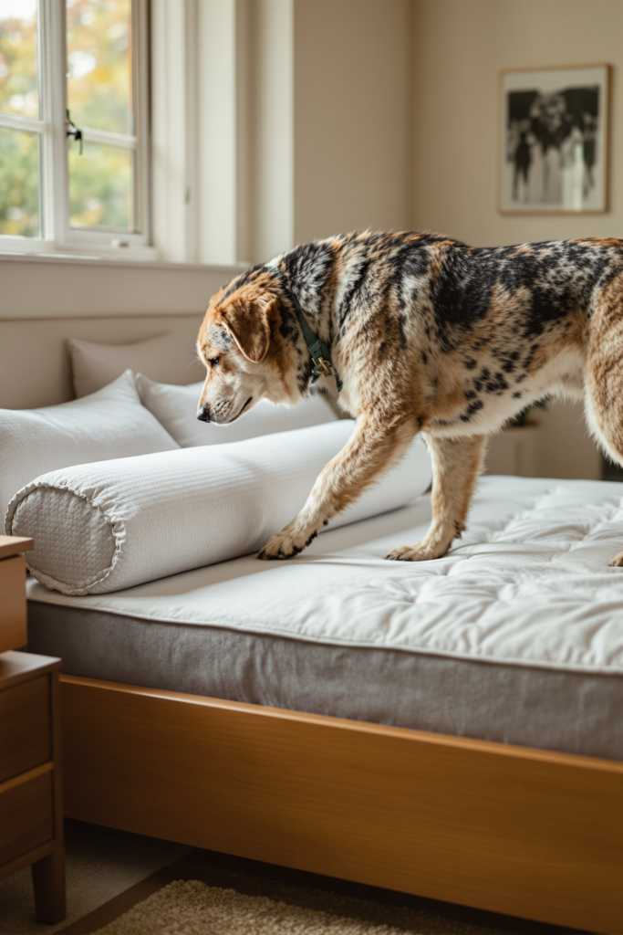 Large mixed-breed dog stepping over the bolster edge into a generously sized rectangular bed, mid-stride - dog bed
