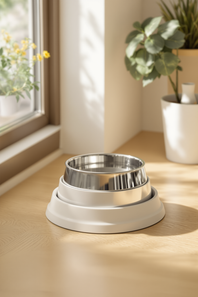 Dog Bowls: Materials, Sizing and Why Plastic Is the Wrong Choice 3 Stainless steel dog bowl filled with water in a rubber non-slip stand on a kitchen floor
