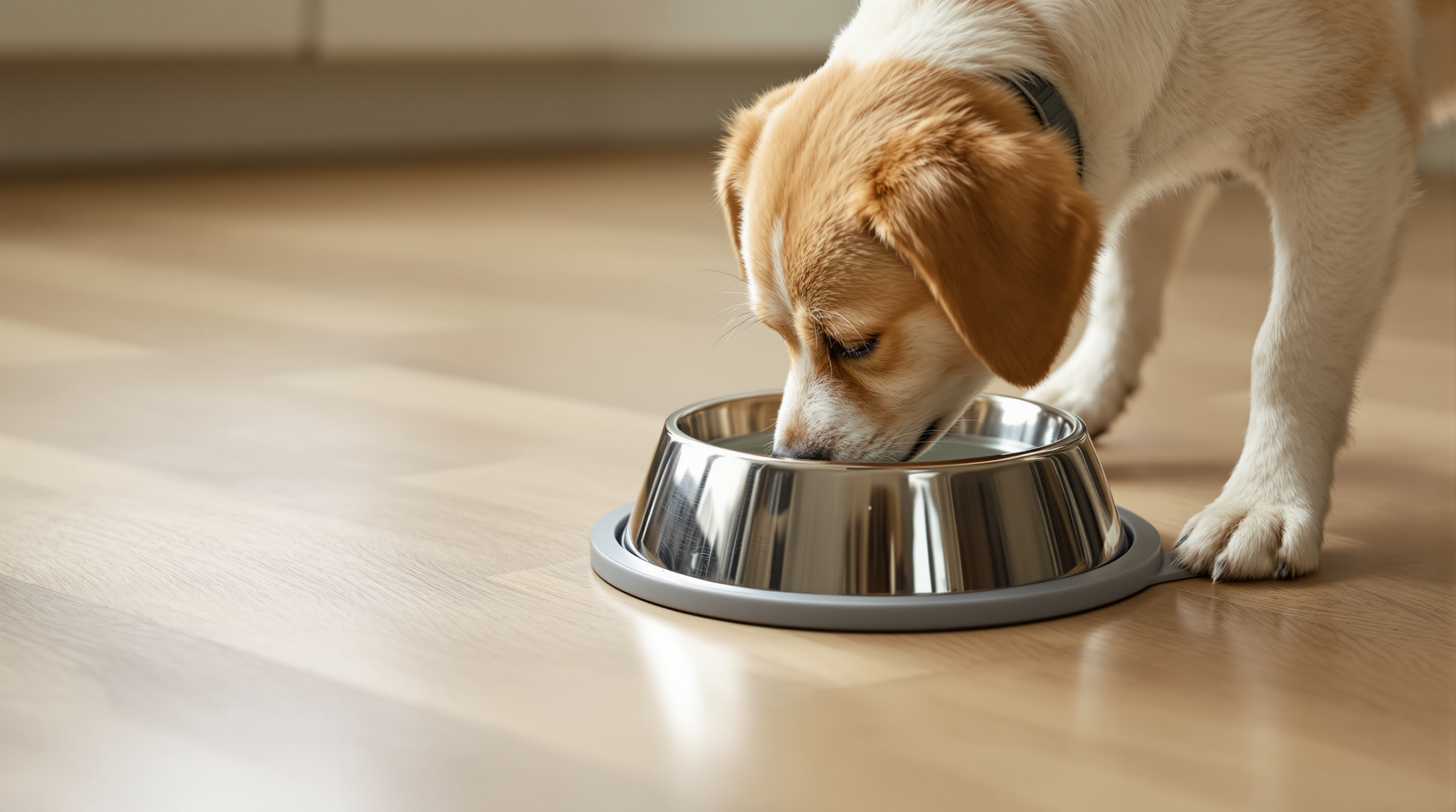 Dog Bowls: Materials, Sizing and Why Plastic Is the Wrong Choice 1 Dog drinking from a stainless steel dog bowl in a non-slip stand