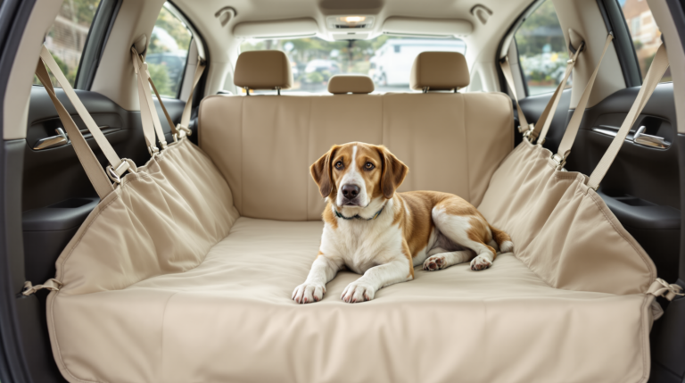 Dog lying on a dog car hammock slung between the front and rear headrests