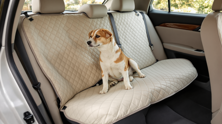 Dog sitting on a quilted waterproof dog car seat cover across a rear bench