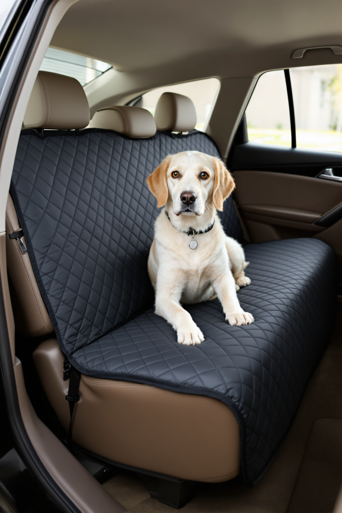 Dog Car Seat Cover: Bench, Hammock and Why Restraint Still Matters 3 Quilted waterproof seat cover fitted across a car's rear bench with a dog sitting on it, headrest straps visible - dog car seat cover