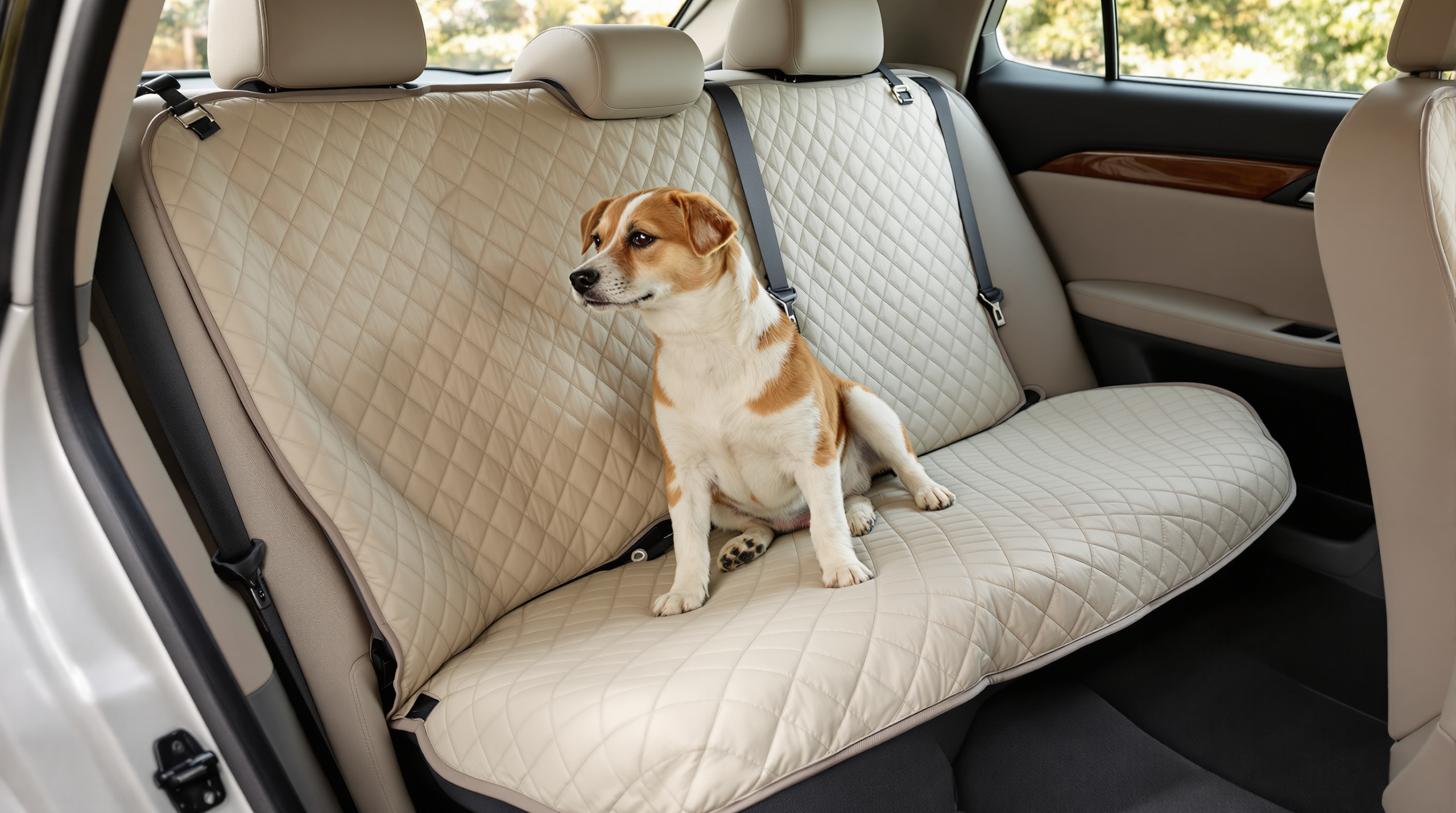 Dog sitting on a quilted waterproof dog car seat cover across a rear bench