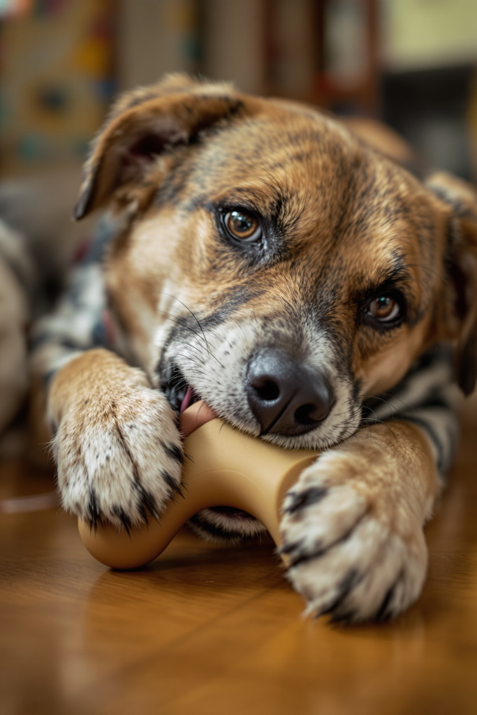 Strong-jawed dog lying down gnawing a thick solid rubber chew toy held between its front paws - dog chew toys