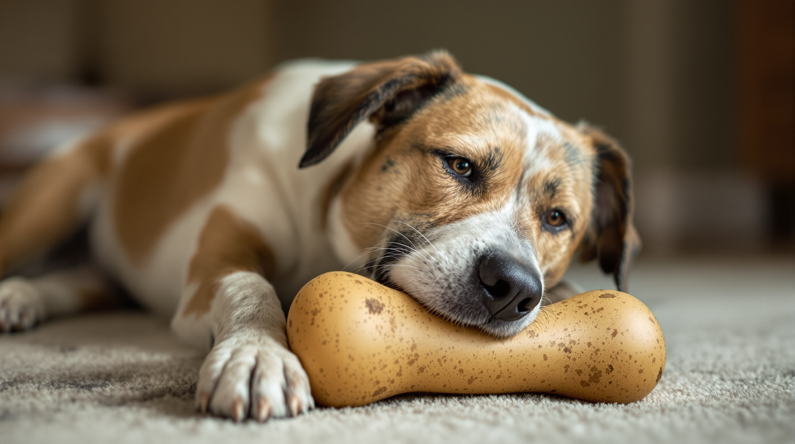 Dog lying down gnawing one of several thick rubber dog chew toys