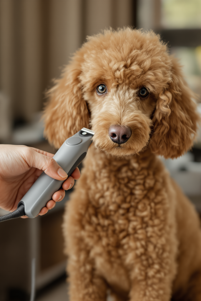 Hand holding a plain matte grey pet clipper against a curly apricot poodle, a neat short trimmed patch beside longer curls - dog clippers for grooming