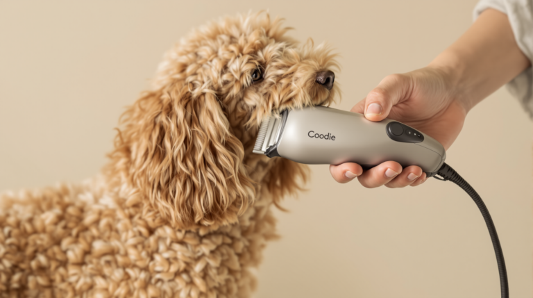 Dog clippers for grooming mid-pass along a poodle's coat showing a trimmed line