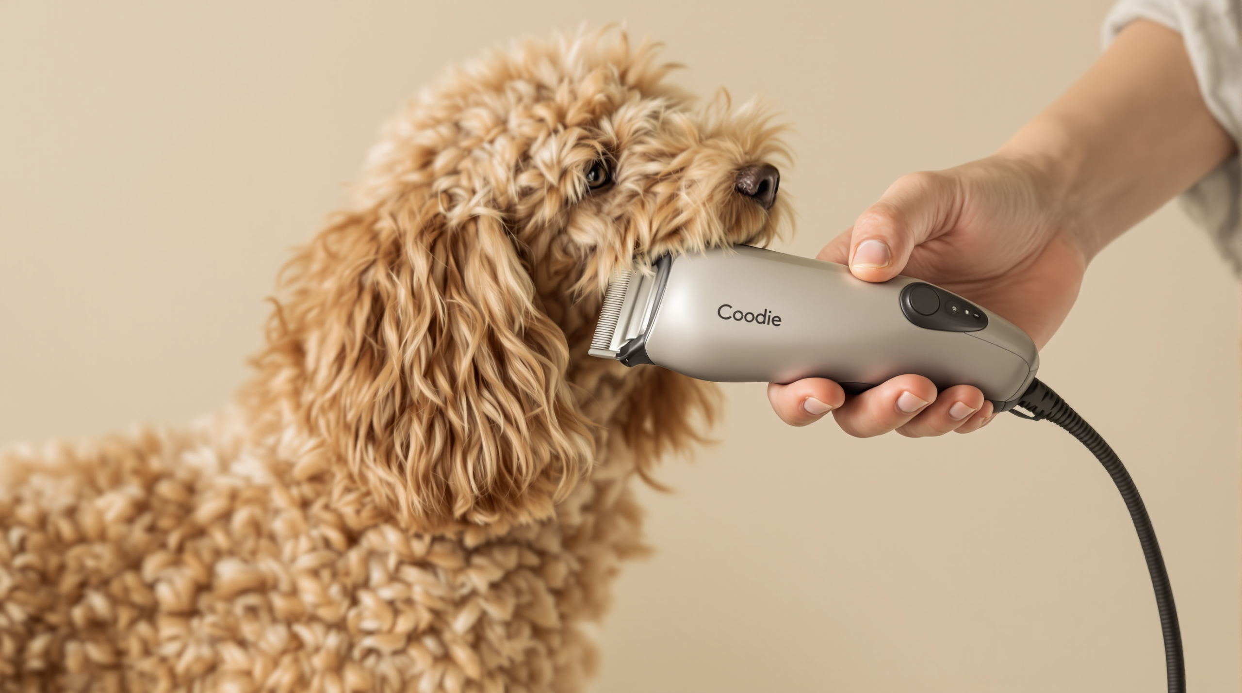 Dog clippers for grooming mid-pass along a poodle's coat showing a trimmed line