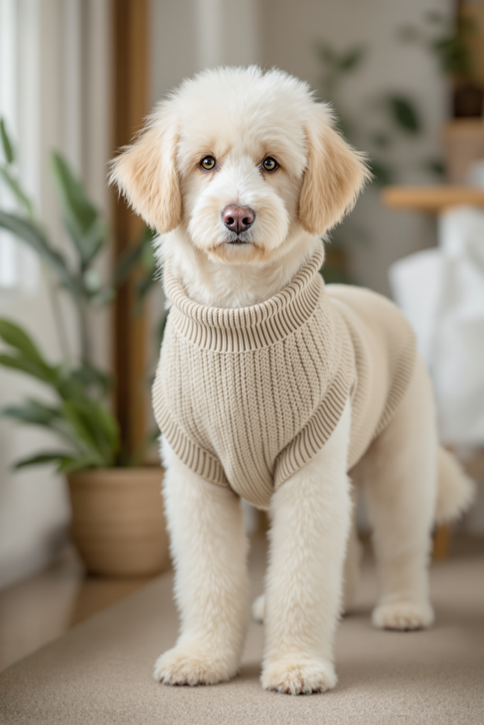 Dog Clothes: Which Dogs Need Them and How to Measure 3 Fluffy cream dog wearing well-fitted dog clothes: a soft oatmeal knit sweater