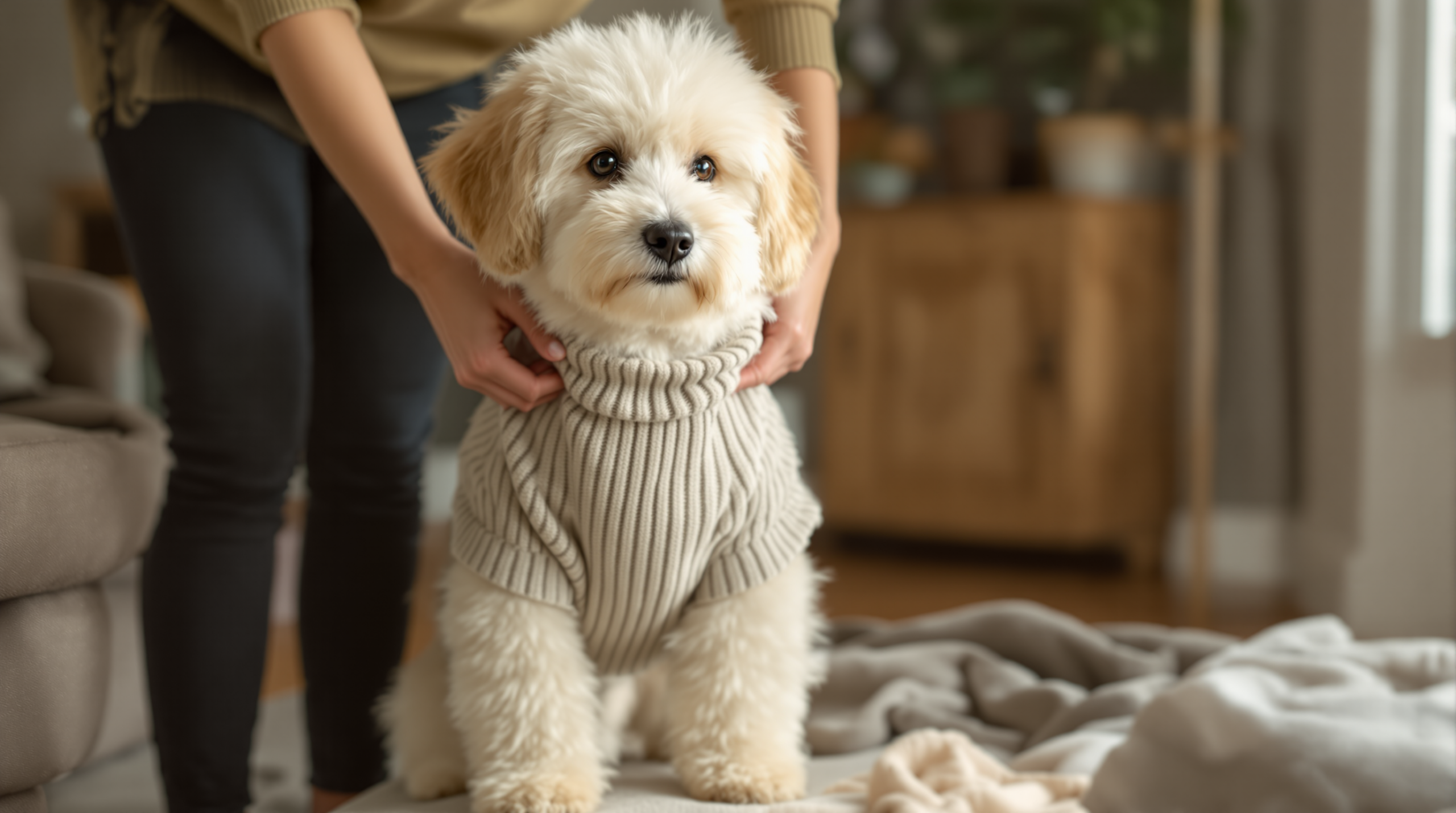 Dog Clothes: Which Dogs Need Them and How to Measure 1 Fitting a knit sweater around a dog's chest to check the size of dog clothes
