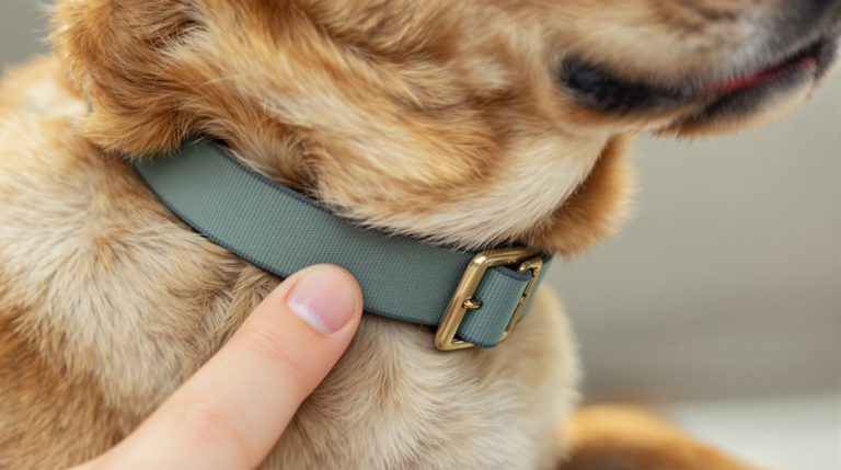 Two fingers checking the fit slack under a dog collar on a dog's neck