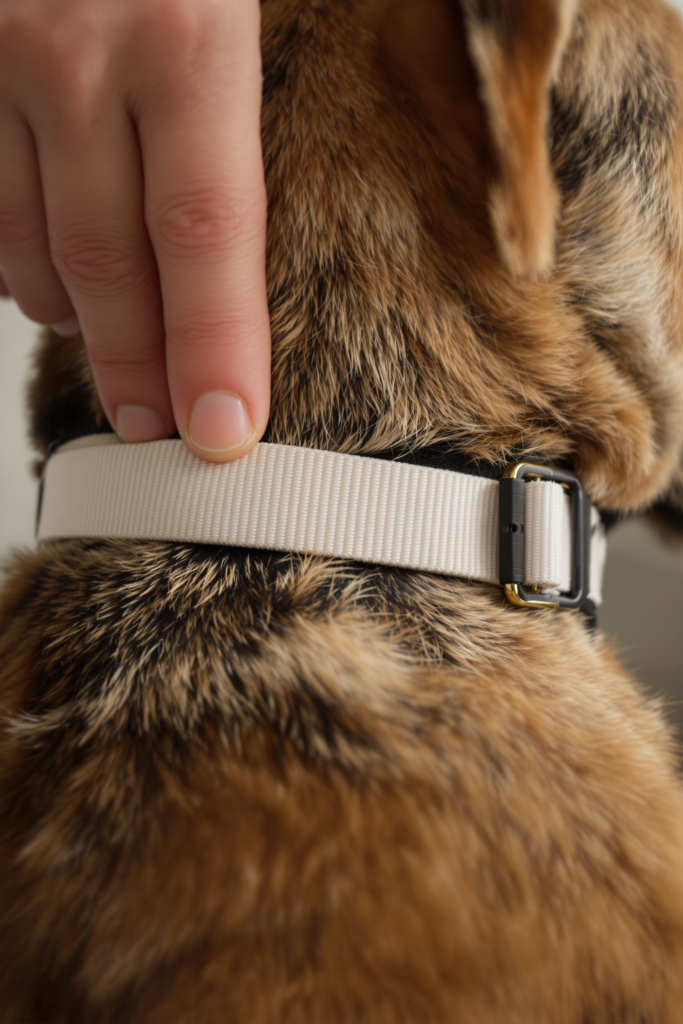 Close-up of two human fingers slid flat under a flat webbing collar on a dog's neck, demonstrating correct fit slack - dog collar