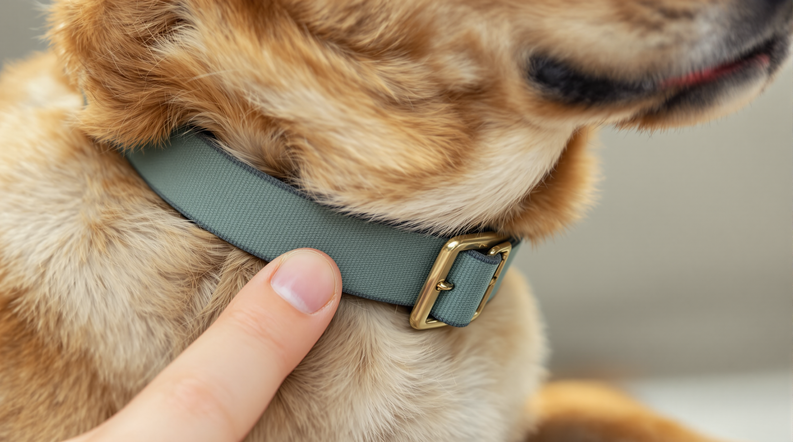 Two fingers checking the fit slack under a dog collar on a dog's neck
